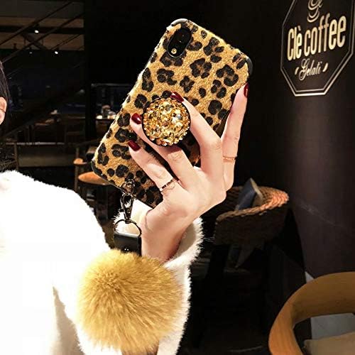 iPhone Xs Max Case,Fashion Brown Leopard Cover with Rabbit Fur Hairball Phone Case for iPhone Xs Max 6.5-inch,A9