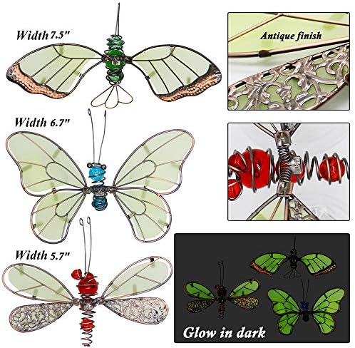 Metallic butterfly and dragonfly garden stakes, dark color, 12 inches long, $22.99.