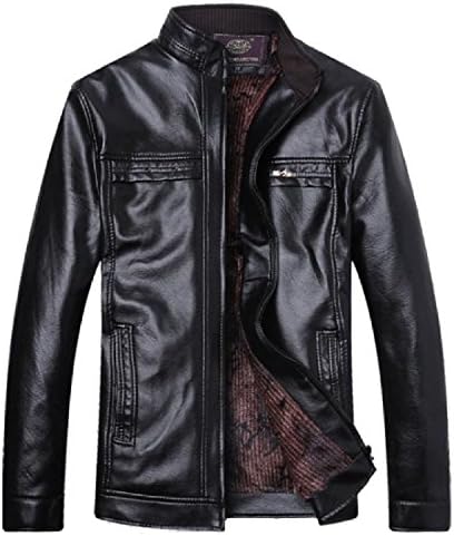 xiaokong Men Pure Color Leather Stand Collar Pockets Thick PU Jakcet Coat Black 3XL