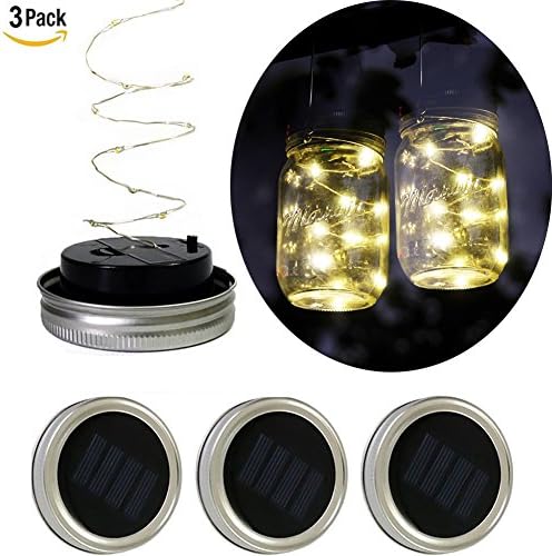 3Pack-Solar Mason Lids Insert-LED Solar Light for Glass Mason Jars with 20 Solar LED String Fairy Lights Screw on Silver Lids for Mason Jar Decor Patio Garden Path Decoration Lights (Warm White)