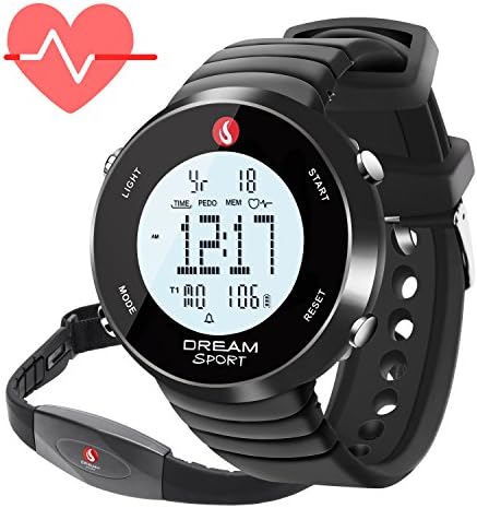 dreamsport Heart Rate Monitor Chest Strap Transmitter Watch Receiver, APP Needless/Work with Treadmill/Perfect for Workout/Stopwatch/Alarm/Calorie Counter/BMI/30M Water Resistant-DH088black