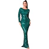 Stretch Sequin Formal Party Dress Long Sleeve Boat Neck Maxi Gown