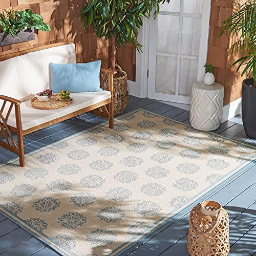 SAFAVIEH Washable Rug Outdoor Beach House Collection - 4' Square, Cream & Aqua,…