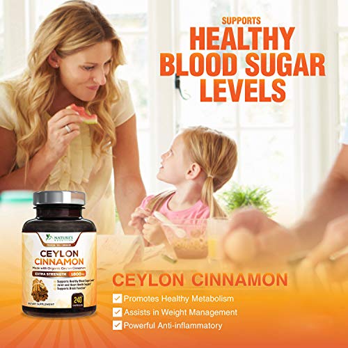 Organic Ceylon Cinnamon Highest Potency Standardized 1800mg - True Organic Ceylon Cinnamon Pills - Blood Sugar Levels Support Supplement, Vegan Anti-Inflammatory for Joint Pain Relief - 240 Capsules