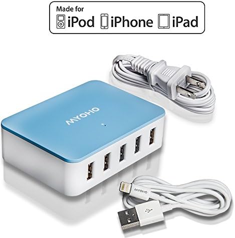 [Apple MFi Certified - Combo Saver Pack] MYOHO 50W Five-Port Intelligent High Speed USB Desktop Charger + Lightning Cable 3.3ft 1m; Incredible convenient saver value bundle! Charger has Smart Sensing and Detection technology and outputs 2.4A per port, 10 Amps max. Fastest, most efficient charger; stylish, light weight, compact, and portable; Comes with a MYOHO Lightning to USB Charge &amp; Sync Cable; Premium grade, tangle-free with compact connector head. For Apple's iPhone 6S Plus / 6S / 6 Plus / 6 / 5S / 5C / 5, iPad Air, iPad Air 2, iPad mini / mini 2, iPad 4th generation, iPod Touch 5th generation and iPod nano 7th generation. 5-port charger also compatible with Samsung Galaxy S6, S6 Edge, S5, S4, S3, S2, Galaxy Note 5, Note 3, Note 2; LG G2; Nexus 5, 7, 10; Motorola Droid, Razr, Maxx; Blackberry; Nook; Nokia Lumia 2520; HTC One M8 X V S; other apple, android, windows smartphones, tablets, Bluetooth speakers &amp; headsets, all USB powered devices; 1 Year Warranty! (Blue/White + White Cable)