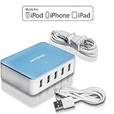 [Apple MFi Certified - Combo Saver Pack] MYOHO 50W Five-Port Intelligent High Speed USB Desktop Charger + Lightning Cable 3.3ft 1m; Incredible convenient saver value bundle! Charger has Smart Sensing and Detection technology and outputs 2.4A per port, 10 Amps max. Fastest, most efficient charger; stylish, light weight, compact, and portable; Comes with a MYOHO Lightning to USB Charge & Sync Cable; Premium grade, tangle-free with compact connector head. For Apple's iPhone 6S Plus / 6S / 6 Plus / 6 / 5S / 5C / 5, iPad Air, iPad Air 2, iPad mini / mini 2, iPad 4th generation, iPod Touch 5th generation and iPod nano 7th generation. 5-port charger also compatible with Samsung Galaxy S6, S6 Edge, S5, S4, S3, S2, Galaxy Note 5, Note 3, Note 2; LG G2; Nexus 5, 7, 10; Motorola Droid, Razr, Maxx; Blackberry; Nook; Nokia Lumia 2520; HTC One M8 X V S; other apple, android, windows smartphones, tablets, Bluetooth speakers & headsets, all USB powered devices; 1 Year Warranty! (Blue/White + White Cable)