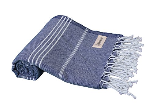 Bersuse 100% Cotton Anatolia Classic Striped Pestemal Peshtemal Turkish Bath Towel Beach Fouta, 37 x 70 Inches, Dark Blue