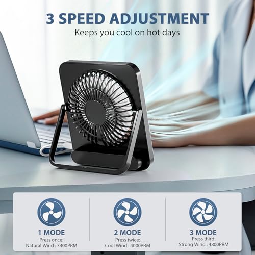OUILA Mini Quiet Fan, Small USB Desk Fan with 3 Speeds and 1.2m Cable, Portable Hanging Fan for Table Office Bedroom Dorm Kitchen - Black