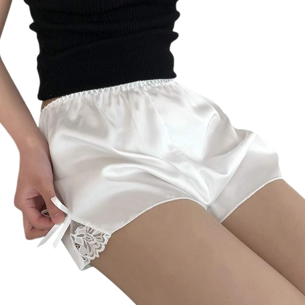 VAILANG Women Imitation Silk Loose Safety Shorts Sleep Lounge Slip Bloomer Pants Floral Lace Trim Solid Color Pettipants Split Skirt White(bowknot)