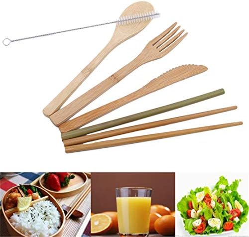 YSINFOD Bamboo Cutlery Set Eco-Friendly Reusable Spoon Fork Bamboo Chopsticks Metal Straw Cleaning Brush Ideal for Travel, Lunch, Camping,Basic style two