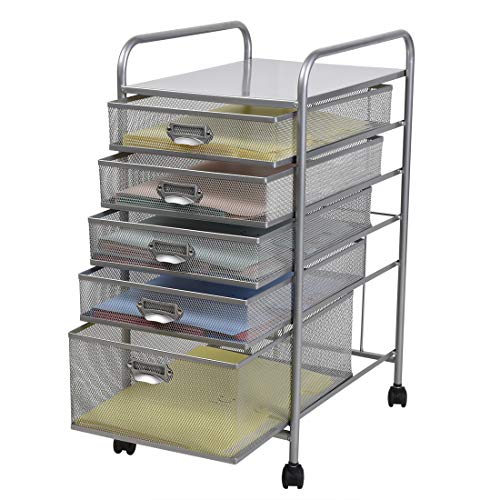 100% Metal Mesh 5 Drawer Rolling Cart Storage Organizer File Basket Cart Office&Home Cabinet-Silver
