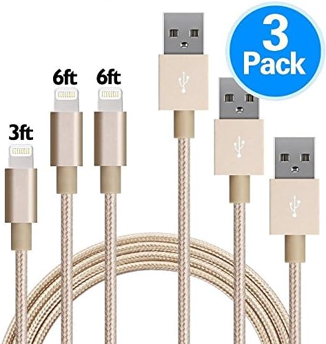 GANJOY iPhone Charger 3Pack 3FT/6FT/6FT(1M/2M/2M) Nylon Braided 8 pin Charging Cables USB Charger Cord, Compatible with iPhone X, 8, 8 Plus, 7, 7 Plus, 6s, 6s Plus, 6, 6 Plus, SE, 5s,iPad - Gold