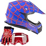 Typhoon Youth Kids Offroad Gear Combo Helmet Gloves Goggles DOT Motocross ATV Dirt Bike Motorcycle Blue Spiderman - Medium