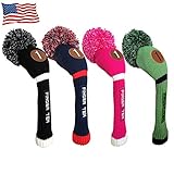 FINGER TEN Pom Pom Golf Club Head Covers Knit for Driver Fairway Hybrid Wood, Vintage Black Blue Pink 1 3 5 Men Women Set