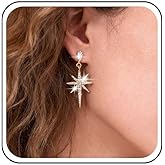 Sttiafay Vintage Crystal Northstar Dangle Earrings Rhinestone Northstar Studs Earrings Gold Cz Star Drop Earrings Sparkly Cz Starburst Earrings Jewelry for Women