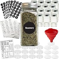 Talented Kitchen 14 Glass Spice Jars w/2 Types of Preprinted Spice Labels. Commercial Grade, Complete Set: 14 Square Empty Jars 4oz, Pour/Sift & Coarse Shakers, Airtight Cap, Chalkboard & Clear Label