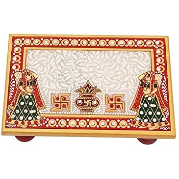 HANDICRAFTS PARADISE Marble Puja Chowki Rectangle Shape with Kalash Design