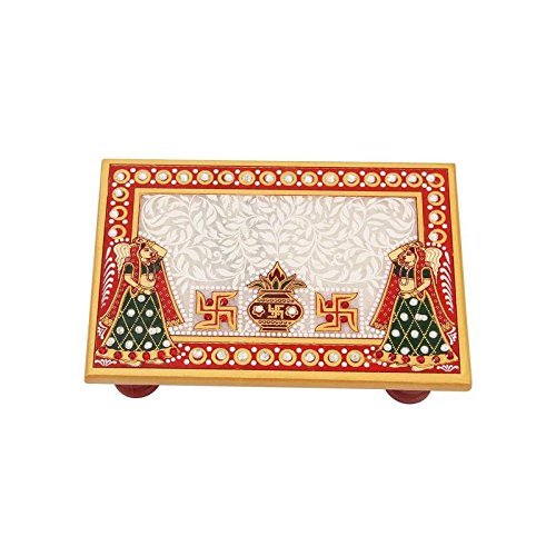 Handicrafts ParadiseMarble Puja Chowki Rectangle Shape With Kalash Design