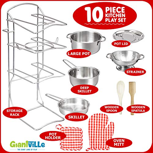 Giantville Toy Kitchen Play Set, 10 Piece Bundle - Stainless Steel Pots, Pans and Skillets, Wooden Spoons and Utensils, Pot Holders and Storage Caddy Rack - Thumbnail 2