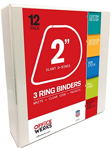 Officewerks 3 Ring Binders, 2 Inch Slant-D Rings, White, Clear View, Pockets - 12 Pack - Thumbnail 3