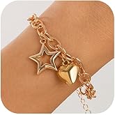 Chunky Gold Star Puffy Heart Bracelet for Women Dainty Hollow Five-Pointed Stars Bangle Love Shaped Statement Bracelets Trendy Large Link Chain Jewelry