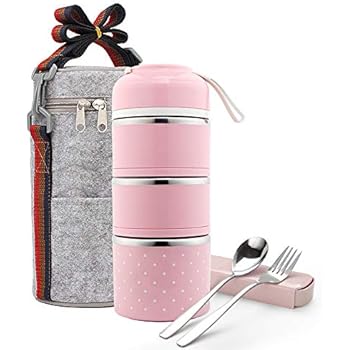 Stackable Lunch Box, ArderLive Portable Stainless Steel Insulated Lunch Box with Lunch Bag & Cutlery, BPA Free Leakproof Food Storage Container with lid.(3Layer,Pink)
