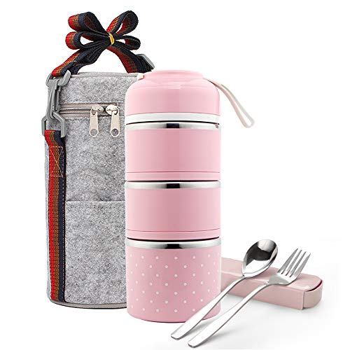 Stackable Lunch Box, ArderLive Portable Stainless Steel Insulated Lunch Box with Lunch Bag & Cutlery, BPA Free Leakproof Food Storage Container with lid.(3Layer,Pink）