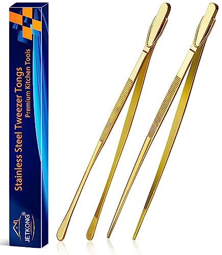JETKONG 2 Pcs 12-Inch Cooking Tweezers Stainless Steel Food Tweezers Kitchen Tweezer Tongs (Gold)