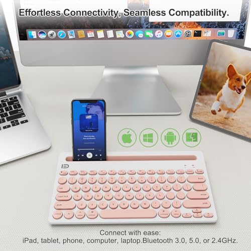 SADES Wireless Bluetooth Keyboard for Mac, iPad, iPhone, PC, Laptop & Android, Connect up to 3 Devices Simultaneously, Portable 79-Key Typewriter Retro Round Keycaps Keyboard- Pink