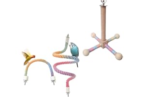 NOPIKKU Bird Stand Spinning Perch with Rope Perch Set for Small Medium Birds Rotating Wooden Perch with Colorful Bendable Rope Perches for Parakeets Cockatiels Lovebirds Budgies Conures Easy to Install