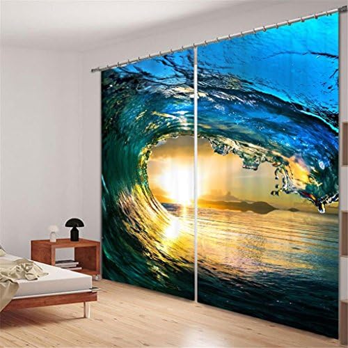 KKLL 3D Sea wave Pattern Digital printing Polyester Fabrics Curtains Individuality Blackout Noise Reducting Panels for Bedroom Panel Curtain Window Drapes, wide 150x high 166 (wide 75x2)