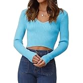 Ezbelle Women's V Neck Sweater Long Sleeve Crop Tops Sexy Ribbed Knit Pullover Shirt Trendy Blouse Fall Top