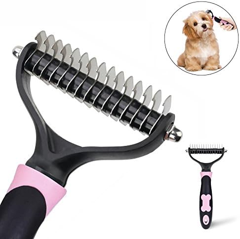 Dogs De-matting Rake Comb Cats Grooming Brush Rabbits Horses Long Haired Breed Pets Undercoat Shedding Tool Easily Removes Mats and Tangles Hair With 15 Safe Rounded Steel Rake(Pink)