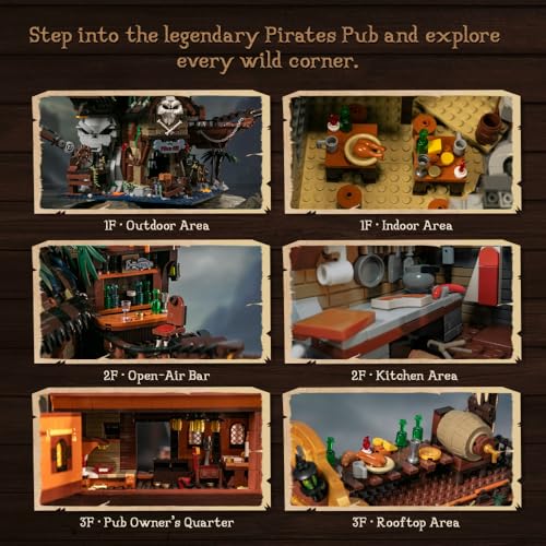 PAN TASY Pirate Tavern Building Set, Modular Wreck Architecture with Terrace Bar, Giant Rum Bottle - Adult Nautical Blocks Kit