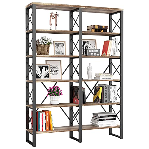 IRONCK Bookshelf, Double Wide 6Tier Open Bookcase Vintage Industrial Large Shelves, Wood and