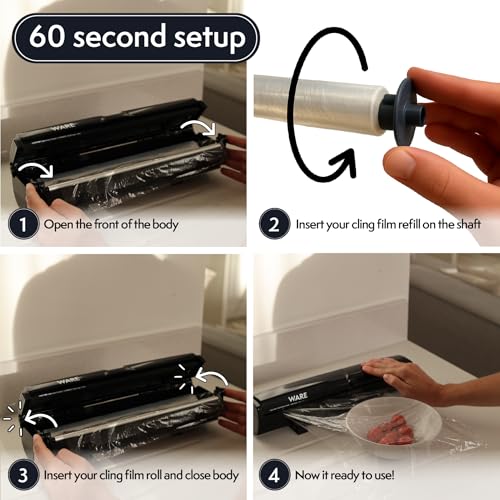 WARE Cling Film Dispenser + 2 Free 50m Rolls l Professional Quality | German-Engineered, PVC-Free l Eco Safe Cutting l Reduces Food and Plastic Waste