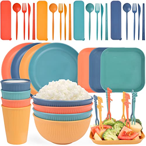 Wheat Straw Dinnerware Sets, Kids Plates and Bowls Sets, Unbreakable Microwave Dishwasher Safe Tableware, Lightweight Reusable Kitchen Set Travel Camping RV Dishes