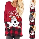 Franterd Christmas Plus Size Tops Women Christmas Plaid Splice Hem Sequin Reindeer Pullover Sports Blouse for Jeans Legging
