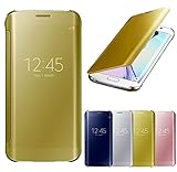 Galaxy S7 Edge Case, Acessor-Z Fashion Luxury Glossy Mirror Clear View Smart Date/Time Premium [Hyperbolic Mirror] PC Wallet Flip Case Cover for Samsung Galaxy S7 Edge (Golden)