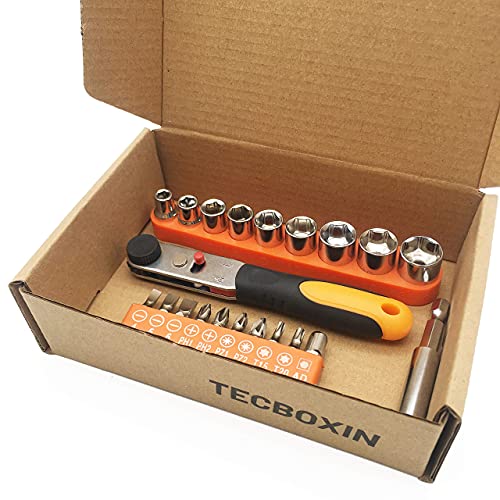 TECBOXIN Mini Ratcheting Wrenches Pocket Screwdriver Set, Right Angle Drill Adapter High Torque