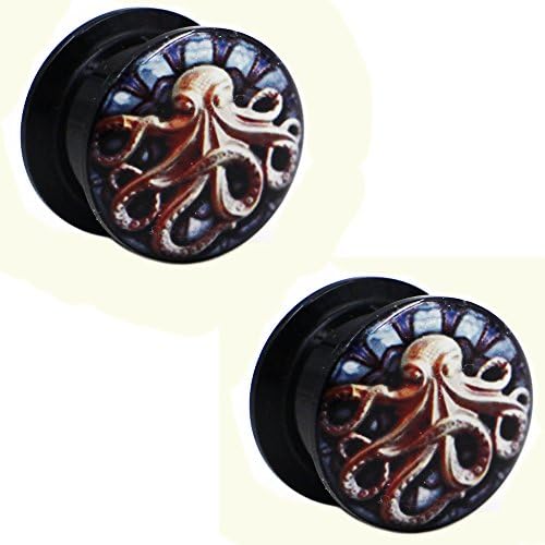 Yunsion Body Jewelry 2g-3/4" Acrylic Screw Fit Steam Octopus Logo Ear Plug Gauges Flesh Tunnel Stretcher Expander 1 Pair 6mm=2g