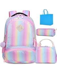 Kids School Rainbow Glitter Backpack with Lunch Bag Girls Preschool Backpack 3 in 1 School Bag Set Daypack Bookbag (Bling Set)