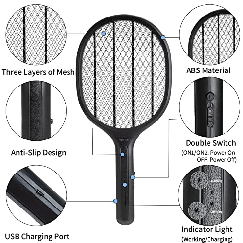 Night Cat Electric Fly Swatter Racket Bug Zapper Indoor Mosquito Killer USB Rechargeable Lightweight Double Layers Protection