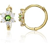14K Yellow Solid Gold 6.5mm Daisy Flower AAA Cubic Zirconia Huggie Earrings | In Emerald, Pink, Red, Sapphire and Yellow | 6.50x10mm | Solid Gold Huggie Earrings for Women