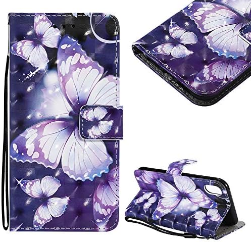 Cestor Strap Flip Case for iPhone XR,Stylish 3D Art Painted Stand Wallet Case for iPhone XR,Book Design Shockproof Soft PU Leather Case with Card Slot Magnetic Closure Ring Holder,Purple Butterfly
