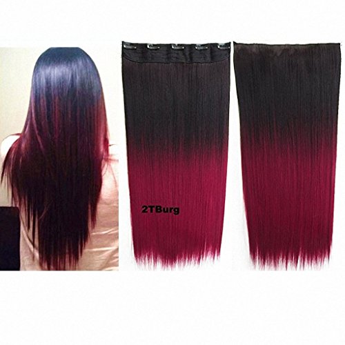 FESHFEN 24" Long Straight Ombre Two Tone Synthetic Hair Extensions Clip in on Hairpieces 5 Clips One Piece 3/4 Full Head Cosplay Party-2TBurg Natural Black to Burgundy