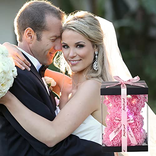Branbox, Rose Bear Gift for Mom Grandma Female Wife Birthday Gift for Mom, Best for Daughter Son Husband, 10 Inch Rose Flower Teddy Bear Gift with Light( Pink)