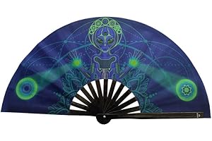 SAKA CRAFTS Large UV Festival Rave Folding Fan - Gear Essentials or Rave Accessories for Women, Mens Outfits - Clacking Alien Hand Fans for EDM, Music Festivals, Drag, Costumes, Burlesque Gifts