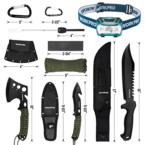 WORKPRO Hatchet and Machete with Sheath, One-piece Camping Axe and Hunting Knives with Rope Handle, 9 Pieces Camping Tool Set Includes LED Headlamp, Paracord, Flint Stick, Carabiners, Whetstone