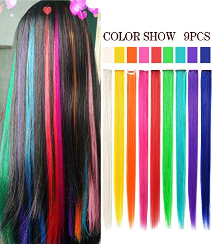 CLDY 9PCS Girls Hair Accessories Party Highlights Colorful Clip in Synthetic Hair Extensions，Straight Long Hairpiece (Rainbow Color)